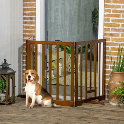 PawHut Ausziehbares Hundegitter mit 3 Paneelen und rutschfesten Standfüßen für Flure, Treppen und Räume, aus Kiefernholz, 181x35x76 cm, Dunkelbraun