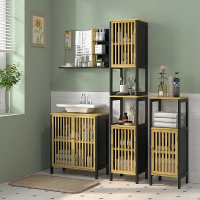 HOMCOM Wandspiegel für Badezimmer mit Regalen - 3 seitliche Regale + 1 unteres Regal - Bambusholz