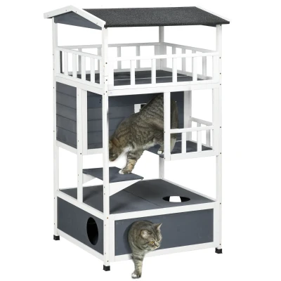 PawHut Casetta per Gatti in Legno per Esterni con Terrazza, Cuccia per Gatti a 4 Piani con Scala, Tetto in Asfalto, Resistente alle Intemperie, Casa per Piccoli Animali, 75,5 x 75 x 137 cm, Grigio