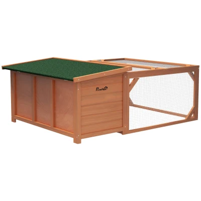 PawHut Conigliera da Esterno e Interno in Legno con Casetta per Conigli e Area Aperta Recintata, 125.5x100x49cm, Arancione