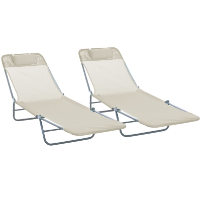 Outsunny Set 2 Tumbonas Plegables con Respaldo Reclinable a 4 Niveles, Metal y Tejido de Malla, Beige