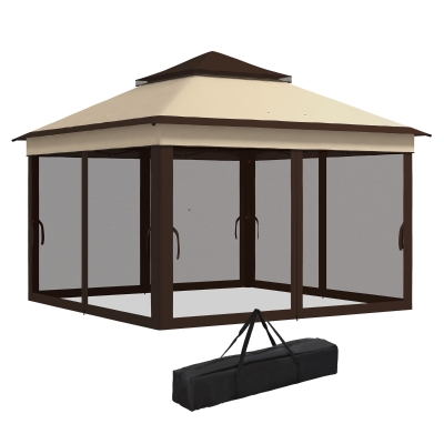Outsunny Gartenpavillon 3x3 Höhenverstellbar mit abnehmbaren Wänden, aus Stahl und Oxford-Gewebe, Farbe Kaffee und Beige