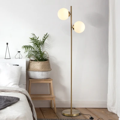 HOMCOM Lámpara de pie diseño lámpara de pie para sala de estar neoretro 2 cabezas bola máx 40 W metal dorado