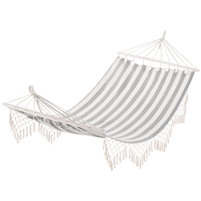 Outsunny Portable Reise Hängematte im hippie-chic Stil Hängemattentuch Maße 2L x 1B m Baumwolle Polyester Grau-Weiß gestreift