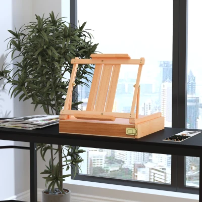 Vinsetto Caballete de Estudio Ajustable Plegable con Cajón Madera de Haya Natural 42x36x12,5 cm