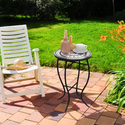 Outsunny Tisch Bistro rund Garten Mosaikplatte Epoxidmetall Keramik Ø35,5 x 53,5H - Schwarz und Weiß