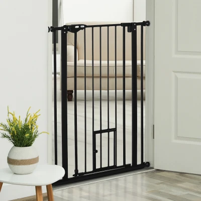PawHut Barrera de Seguridad para Mascotas de 104 cm con Puerta Cierre Automático Sistema de Doble Bloqueo sin Perforación de 74 a 80 cm