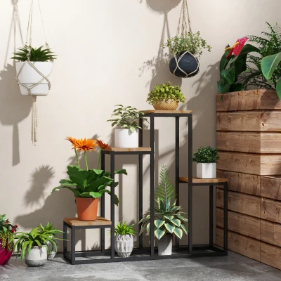 Outsunny Estantería de plantas estantería de flores de metal y madera 4 niveles de diferentes alturas estilo industrial 80x20x74 cm