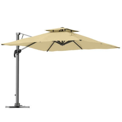 Outsunny Parasol desplazado 3 m cuadrado giratorio a 360° con mecanismo hidráulico doble techo base cruzada mástil de aluminio Beige