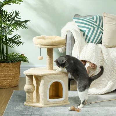 PawHut Arbre à Chat 66cm avec Lit, Grotte et Poteau Jute Beige