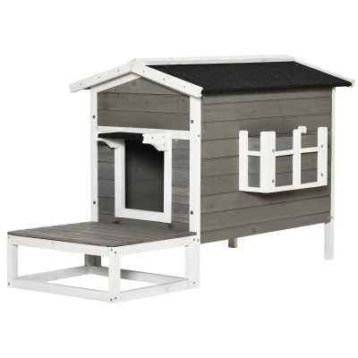 PawHut Casita para gatos niche exterior elevado con terraza impermeable en madera, 115x66,5x74,7 cm, Gris