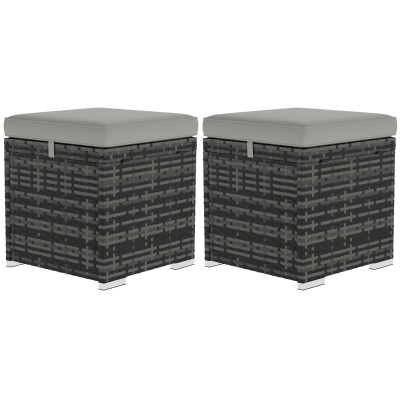 Outsunny Set aus 2 Hockern mit Stauraum aus PE-Rattan, Garten-Fußhocker mit Kissen 40 x 40 x 41 cm, Hellgrau