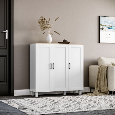 HOMCOM Wohnzimmer-Sideboard Buffetschrank mit 3 Türen und Verstellbaren Regalen für Küche Esszimmer Nordischer Stil 90x30x90 cm Weiß