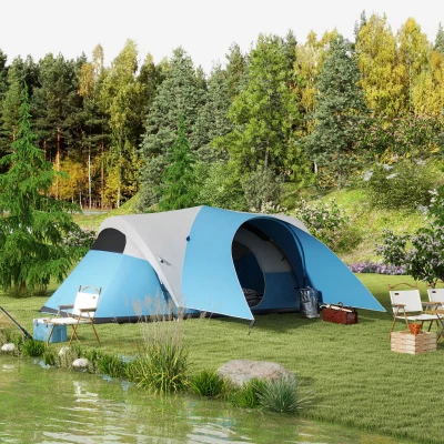 Outsunny Tente Camping 5-6 Pers. Imperméable avec Auvent Bleu