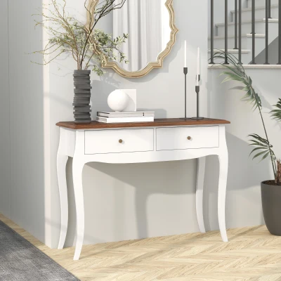 HOMCOM Moderner Konsolentisch mit 2 Schubladen aus Holz, 100x35x76,5 cm, Weiß und Dunkelbraun