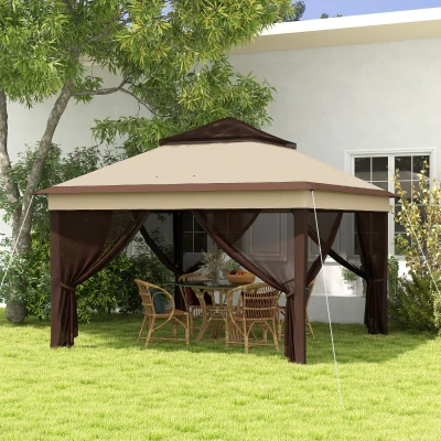 Outsunny Gartenpavillon 3x3 Höhenverstellbar mit abnehmbaren Wänden, aus Stahl und Oxford-Gewebe, Farbe Kaffee und Beige