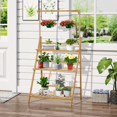 Outsunny Estantería de Flores Soportes de Macetas Porta Plantas en Madera de Bambú 3 niveles + Barra de Soporte para Macetas Colgantes