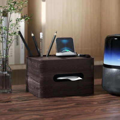 HOMCOM Schreibtisch Organizer Aufbewahrung Büro multifunktional mit 2 Fächern Holz Taschentuchbox braun