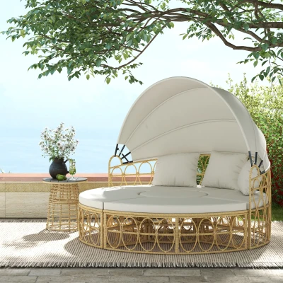 Outsunny Îlot de Soleil 4 Pièces Rotin Beige avec Auvent Rétractable