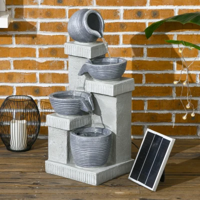 Outsunny Fuente de jardín solar cascada en resina de 4 niveles con luces LED y bomba Gris
