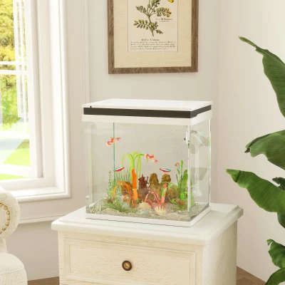 PawHut Glasaquarium für Goldfische 26L mit LED-Lichtern, Filtersystem und Wasserpumpe, 38x26x38 cm, Weiß