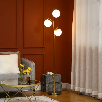 HOMCOM Lampara de piso de sala en metal con 3 pantallas globos de vidrio esmerilado 40W 27x169 cm dorado
