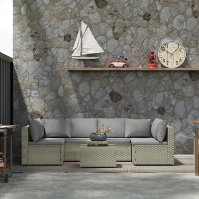 Outsunny Modulares 6-Personen-Gartenlounge-Set aus Kunststoff-Rattan mit Sofas und Glastisch, braun