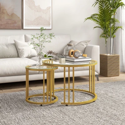HOMCOM Set di 2 tavolini da salotto 60x60x47cm Oro