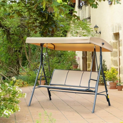 Outsunny Balancín de Jardín 3 Plazas Gran Confort Toldo Inclinable Asiento y Respaldo Ergonómico Acero epoxi textilene Beige