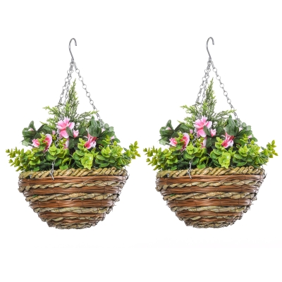 Outsunny Set 2 Künstliche Lisianthus-Pflanzen mit Korb und Haken, Kunststoffpflanzen aus PE und Weide, Ø25x34 cm, Grün und Rosa