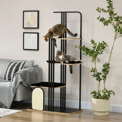 PawHut Árbol Rascador, Diseño Industrial, 3 Plataformas, 2 Cojines, Rascador de Pared, Estructura de Acero, Negro, 85x48x170 cm
