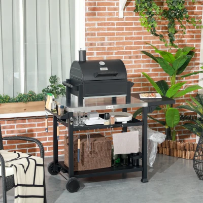 Outsunny Carrito de barbacoa plancha con bandeja de acero inoxidable, multi-equipos, 6 ganchos, mesa plegable, 2 ruedas