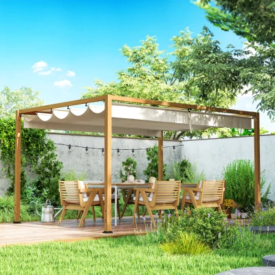 Outsunny Outdoor Pergola 4 x 3 m mit ausfahrbarem Dach und Aluminiumrahmen in Holzoptik