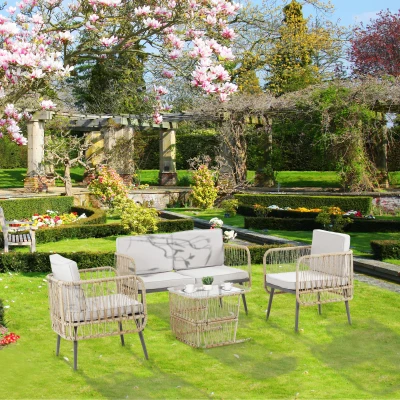 Outsunny Conjunto salón de jardín 4 piezas sofá 2 plazas + 2 sillones + 1 mesa de centro cristal templado 8 cojines