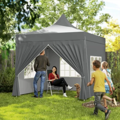 Outsunny Gartenpavillon Faltzelt 3 x 3 m 4 abnehmbare Seitenwände 3 Fenster höhenverstellbar Transporttasche Grau