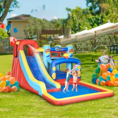 Outsunny Aufblasbares Schloss für Kinder 3-8 Jahre mit Trampolin, Rutsche und Pool, 435x245x200cm