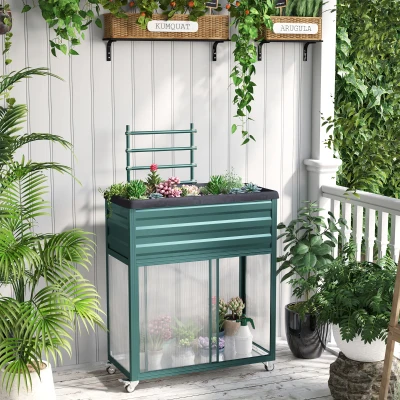 Outsunny Jardinera Elevada con Espacio de Almacenamiento, Puertas Correderas, Marco de Acero Resistente a la Corrosión 85x40x135 cm