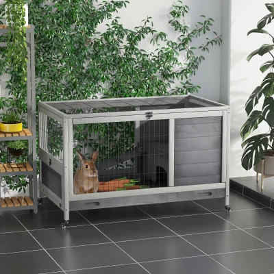 PawHut Cage Bois Lapin avec Roues et Rampe 90x53x59cm Gris
