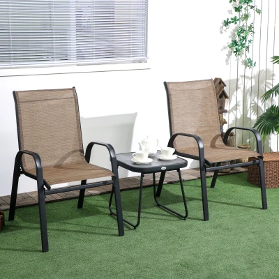 Outsunny Gartenmöbelset 3-teilig 2 stapelbare Stühle und eckiger Tisch mit hoher Rückenlehne aus braunem Textilgewebe