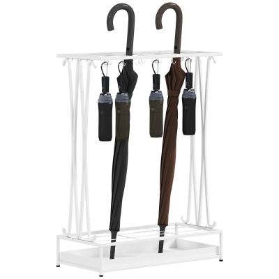 HOMCOM Moderner Regenschirmständer aus Stahl mit 21 Fächern und 24 Haken Abnehmbare Tropfschale für Eingangsbereich 50x24x68 cm Weiß