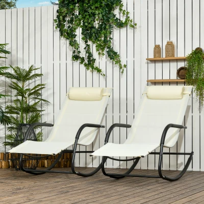 Outsunny Set de 2 Tumbonas Mecedoras con Reposacabezas y Reposabrazos, 67x144x87 cm, Gris y Beige