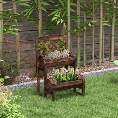 Outsunny Jardinera elevada con enrejado cuadrado para huerto 2 niveles para terraza, balcón, jardín 42x49x80 cm Marrón