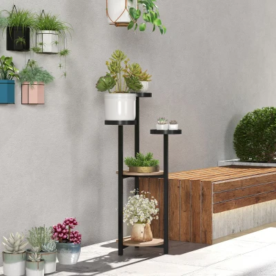 Outsunny Pflanzenregal aus Holz Metall rund Blumenständer 5 Ebenen für Innen- und Außenbereich, dim. 28L x 28W x 87H cm