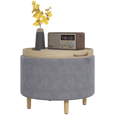 HOMCOM Pouf Velouté Gris avec Rangement et Plateau 56x56x42 cm