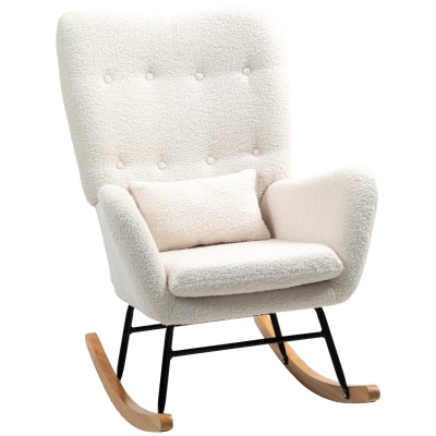 HOMCOM Sillón Mecedora cubierta de peluche acolchado grueso cojín lumbar antideslizante Blanco Crema