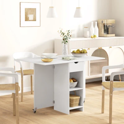 HOMCOM Mesa de Comedor Plegable para 2-4 Personas, Mesa de Cocina Plegable con Almacenamiento, Mesa Extensible con Ruedas, Blanco