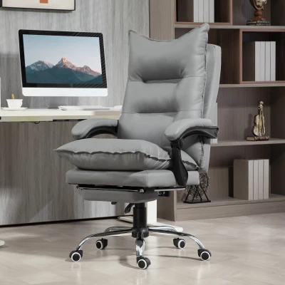 Vinsetto Silla de oficina ergonómica silla de oficina con reposapiés respaldo reclinable poliuretano 66x72x122-130 cm Gris Claro