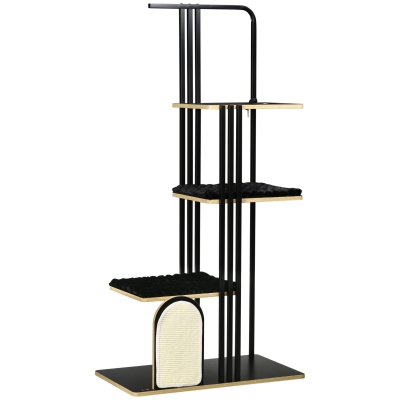 PawHut Árbol Rascador, Diseño Industrial, 3 Plataformas, 2 Cojines, Rascador de Pared, Estructura de Acero, Negro, 85x48x170 cm