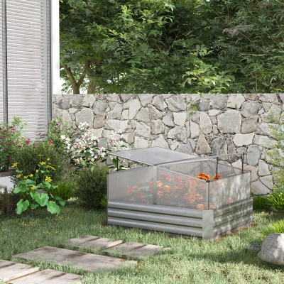 Outsunny Jardinería cama elevada doble techo abierto paneles policarbonato 126x107x57,5/67,5 cm