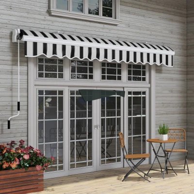 Outsunny handmatige knikarmluifel 4m met handslinger balkonluifel zonwering wandmontage balkon aluminium wit + blauw 395 x 245 cm
